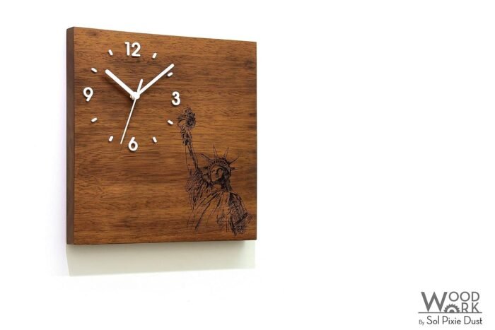 Solid Wood Wall Clock - Statue of Liberty - Wood Laser Engraved - Massive Wood I... - Image 3