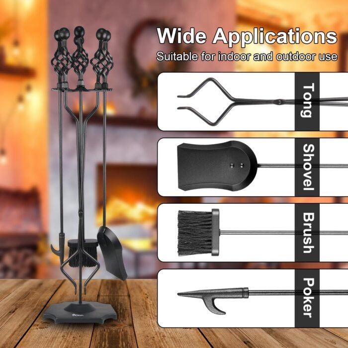 VODA Fireplace Tools Set, 5-Piece Cast Iron 33" Fire Place Set Tools Indoor Fire... - Image 3