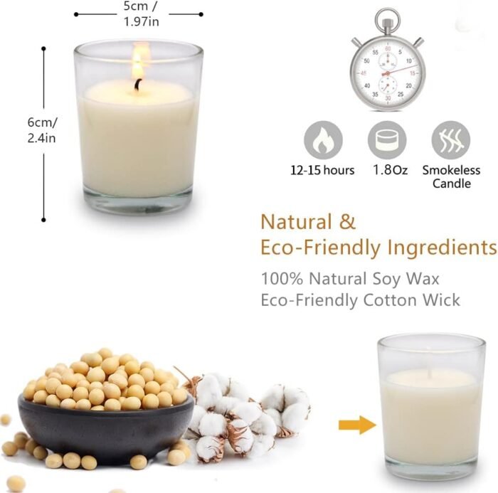 Set of 12 White Votive Candles, Clear Glass Filled Unscented Soy Wax Candle for ... - Image 8