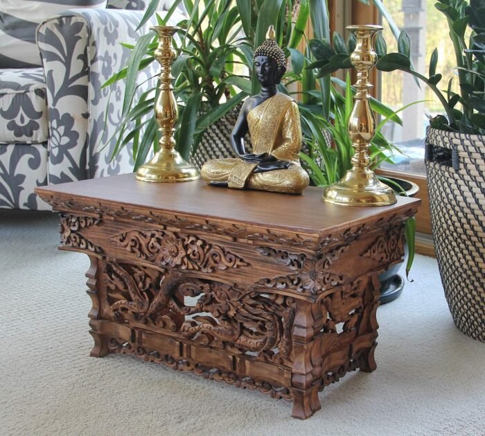DharmaObjects Solid Indian Elm Wood Hand Carved Floor Shrine Altar Meditation Ta... - Image 3
