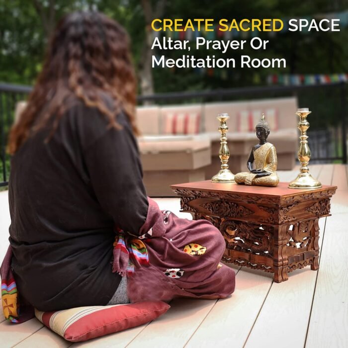 DharmaObjects Solid Indian Elm Wood Hand Carved Floor Shrine Altar Meditation Ta... - Image 5