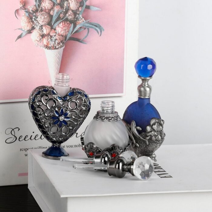 SEVENBEES 15ml Vintage Glass Perfume Bottle with Antique Silver Flower Figurine ... - Image 3