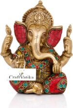 Lord Ganesha Brass Statue | Hindu God Ganesh Blessing Ganpati Sitting Idol Sculp... - Image 2