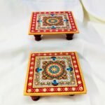 Marble Puja Chowki 4” Pair – Hand-Painted Floral Design with Kundans | Ethnic Ka... - Image 2