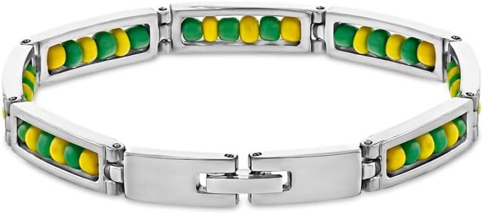 Stainless Steel Unisex Link Wristband Inside Green and Yellow Beaded Babalawo Or... - Image 2