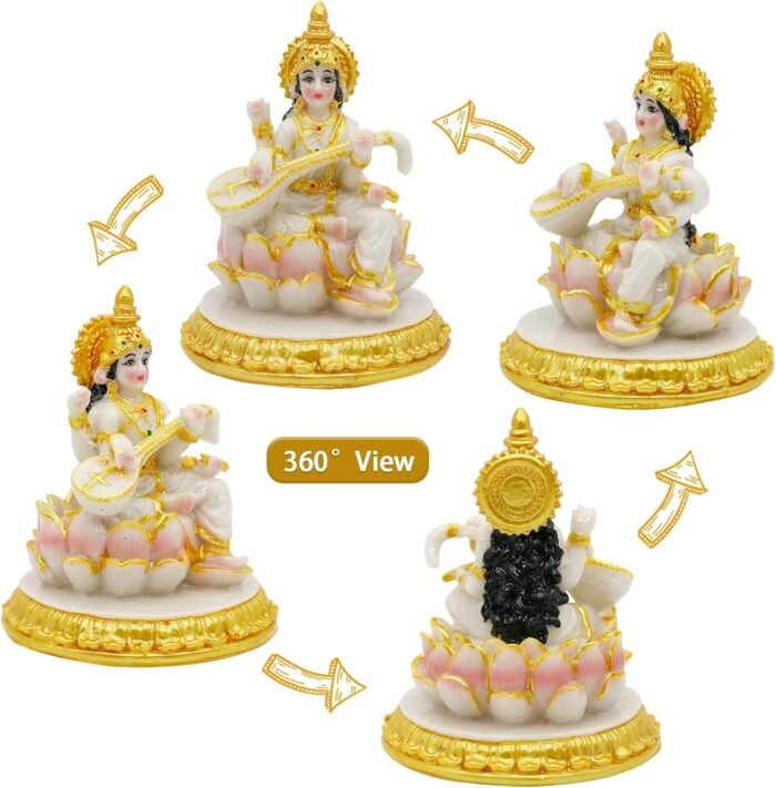 Small Hindu Goddess Saraswati Statue - 3.9”H Marble Look Saraswati Figurine for ... - Image 6