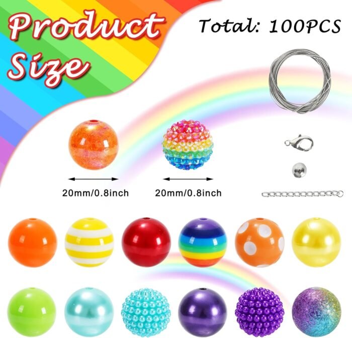 Whaline 100Pcs 20mm Rainbow Color Mixed Bubblegum Beads Set 14 Styles Bright Col... - Image 3