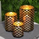 JHY DESIGN Set of 3 Metal Candle Holders Bronze Hurricane Pillar Candleholder Vi... - Image 3
