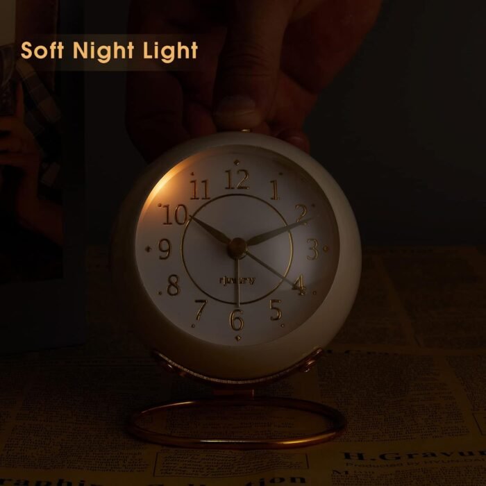 Metal Desk Clock, Retro Bedroom Table Vintage Analog Alarm Clock, Silent Non-Tic... - Image 6