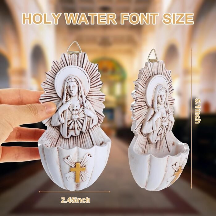 Wall Mount Holy Water Font, Resin Sacred Heart of Mary Catholic Hanging Religiou... - Image 3