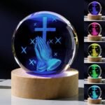 3D Crystal Cross Figurine with Colorful Light Base, Laser Engrave Praying Hands ... - Image 2