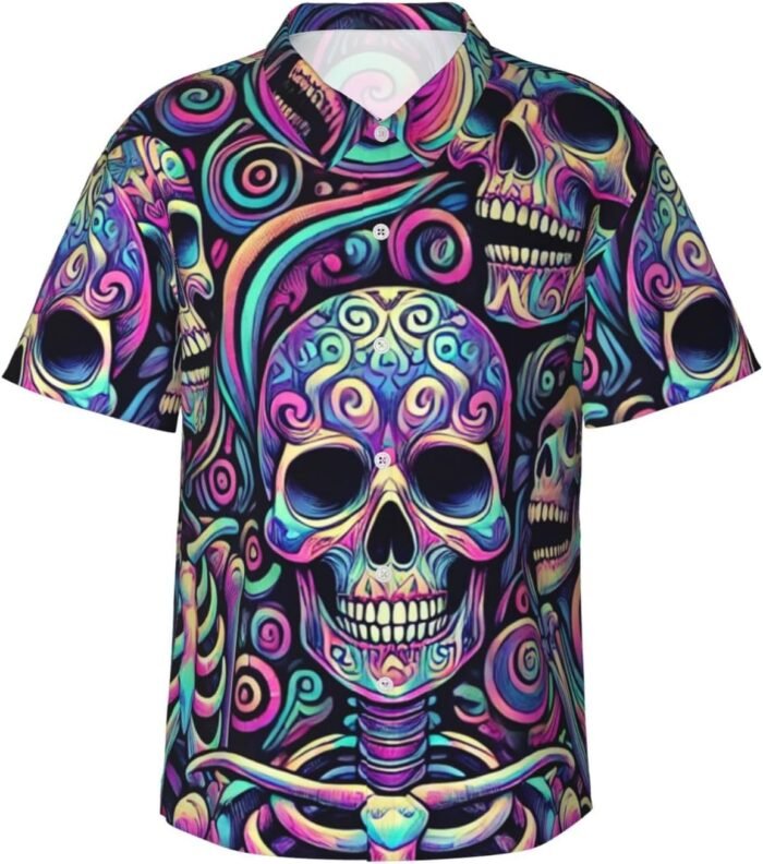 Augenstern Men's Psychedelic-Skulls-Death Casual Short Sleeve Hawaiian Shirt, Bu... - Image 2