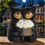 Solar Twins Black Bear Garden Statues with Purple LED Flowers - Resin Outdoors D... - Image 2