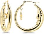 14K Gold Polished Crescent Moon and Star Dangling Hoop Earrings For Women - Image 2