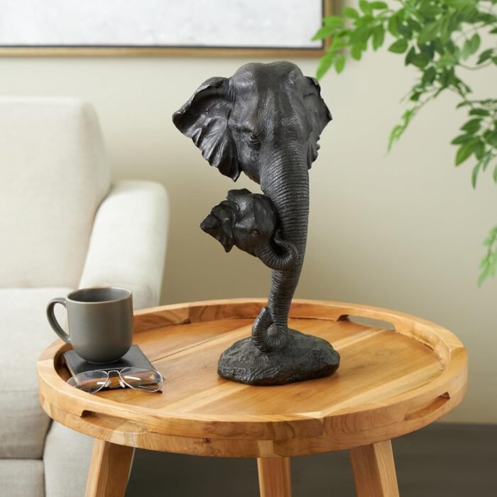 Deco 79 Polystone Elephant Mom and Baby Sculpture, 10" x 7" x 17", Black - Image 3