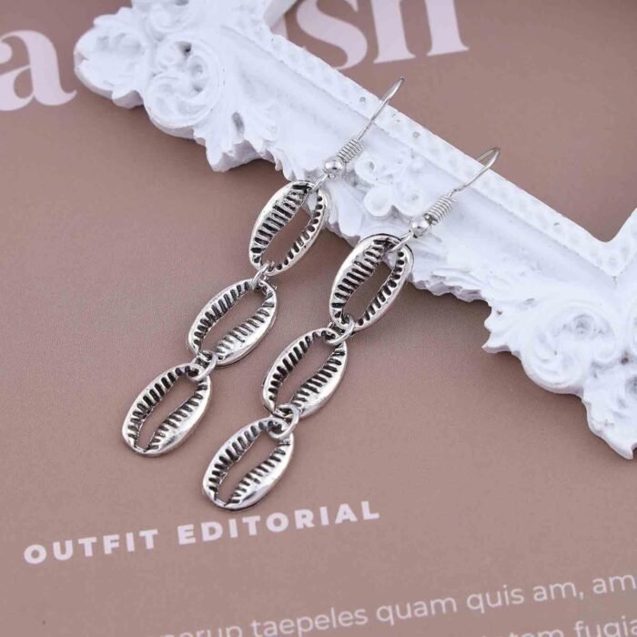 Vintage Metal Cowrie Drop Earrings Puka Shell Dangle Earrings Long Shell Hook Ea... - Image 5