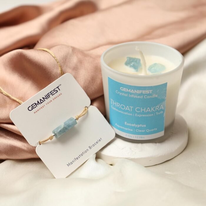 Throat Chakra Candle with Healing Crystals and Aquamarine Bracelet Eucalyptus Ca... - Image 3