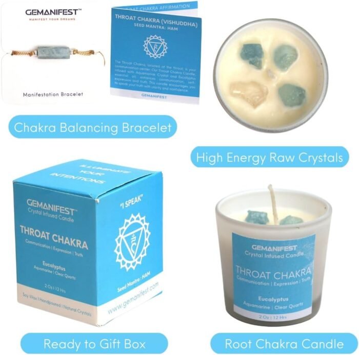 Throat Chakra Candle with Healing Crystals and Aquamarine Bracelet Eucalyptus Ca... - Image 4