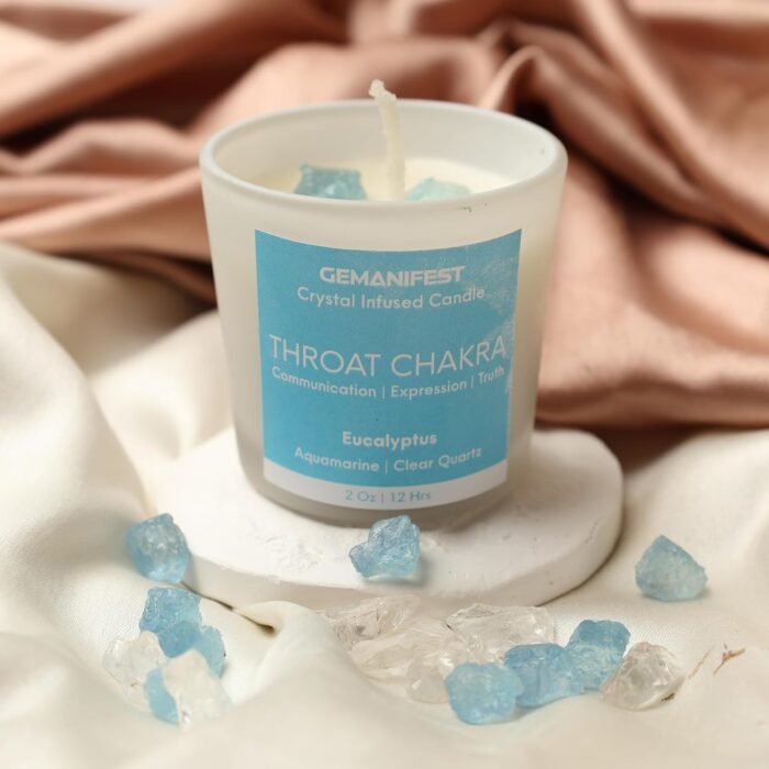 Throat Chakra Candle with Healing Crystals and Aquamarine Bracelet Eucalyptus Ca... - Image 8