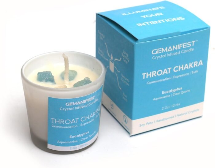 Throat Chakra Candle with Healing Crystals and Aquamarine Bracelet Eucalyptus Ca... - Image 9