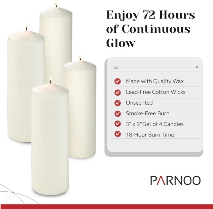 Unscented Pillar Candles - Set of 4 White Pillar Candles - 3x6 Slow Burning Larg... - Image 4