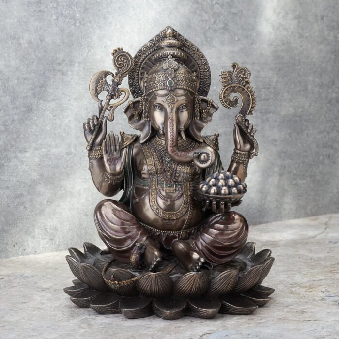Veronese Design 9 7/8 Inch Lord Ganesha Sitting on Lotus Hindu God Antique Bronz... - Image 9
