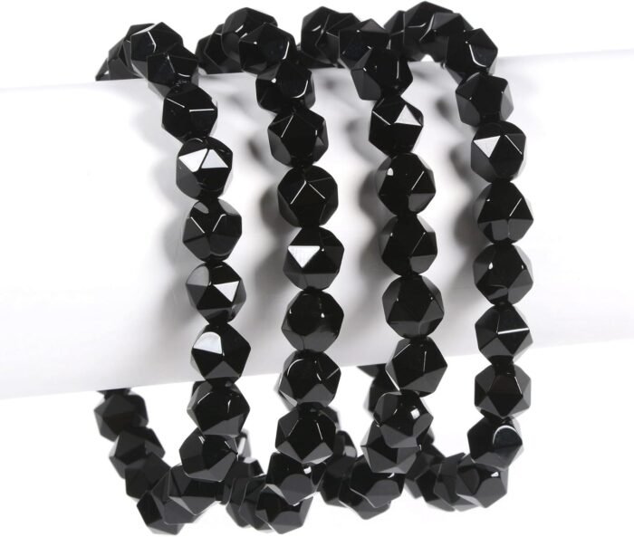 8mm Natural Gemstone Round Beads Triangle Faceted Charm Stretch Bracelet 6.5" - Image 3