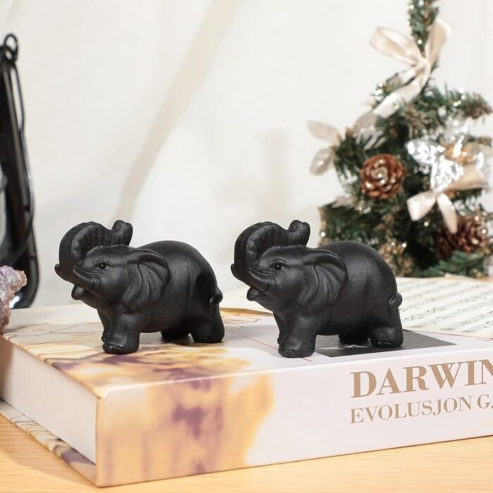 SUNYIK Black Obsidian Asian Walking Elephant Pocket Statue Carved Stone Animal F... - Image 5