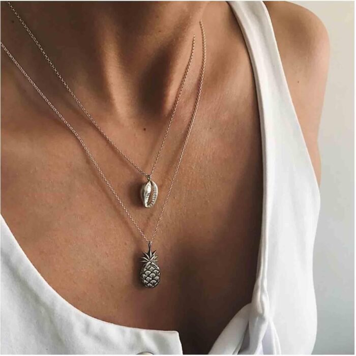 Boho Layered Shell Pineapple Choker Necklace Silver Seashell Pendant Necklace Vi... - Image 3