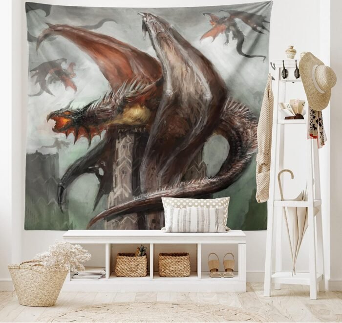Ambesonne Fantasy World Tapestry, Dragons in Dark Sky Reptilian Serpent Beast An... - Image 3