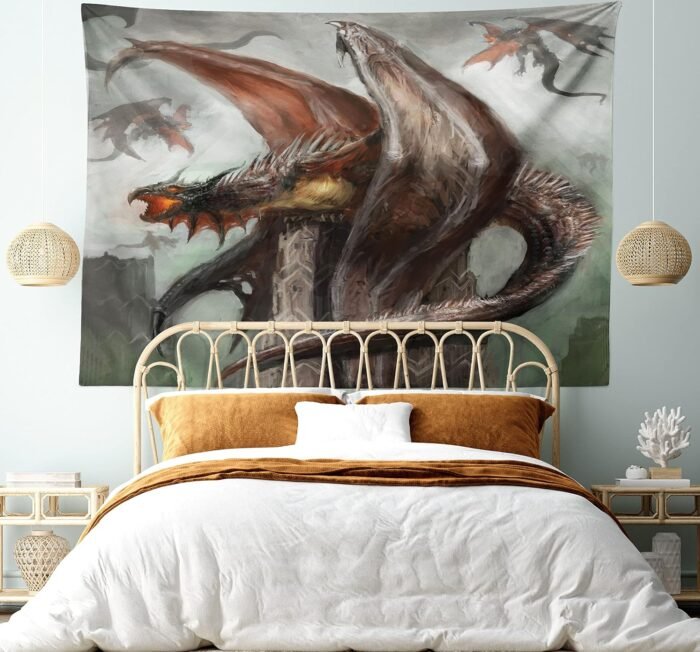 Ambesonne Fantasy World Tapestry, Dragons in Dark Sky Reptilian Serpent Beast An... - Image 6