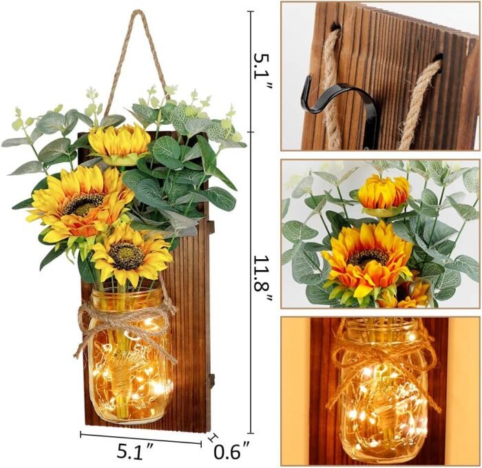 OurWarm Country Farmhouse Sunflower Wall Decor with Mason Jars, Remote 6-Hour Ti... - Image 3