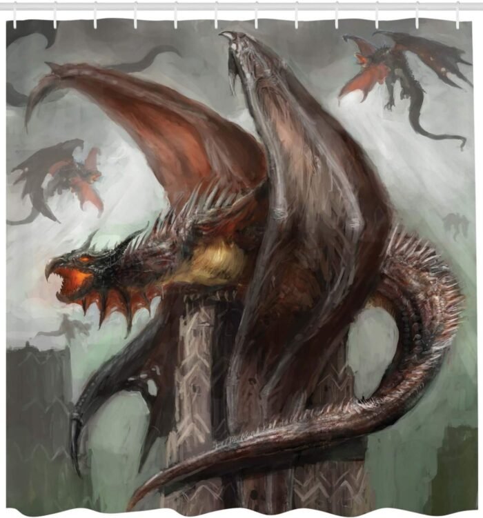 Ambesonne Fantasy World Shower Curtain, Dragons in Dark Sky Reptilian Serpent Be... - Image 3