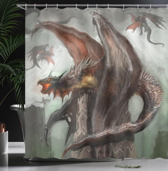 Ambesonne Fantasy World Shower Curtain, Dragons in Dark Sky Reptilian Serpent Be... - Image 4