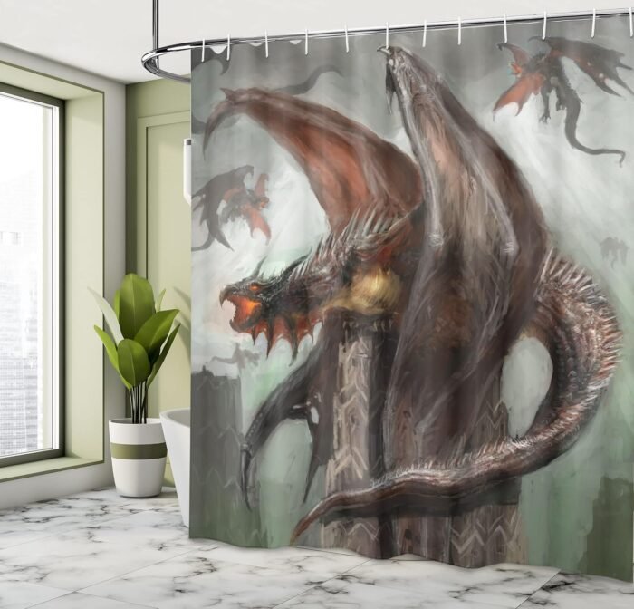 Ambesonne Fantasy World Shower Curtain, Dragons in Dark Sky Reptilian Serpent Be... - Image 5