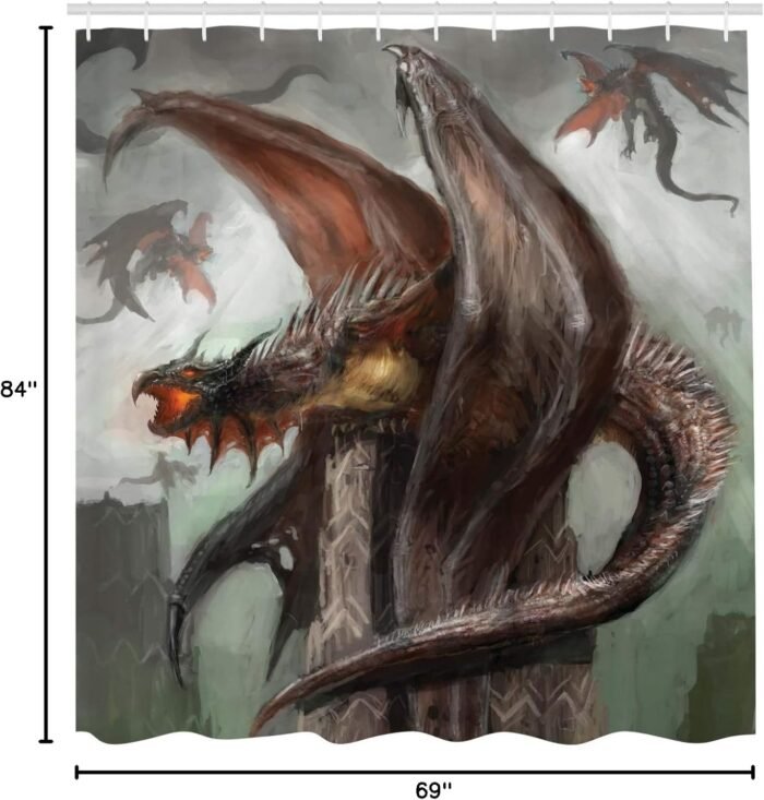 Ambesonne Fantasy World Shower Curtain, Dragons in Dark Sky Reptilian Serpent Be... - Image 6