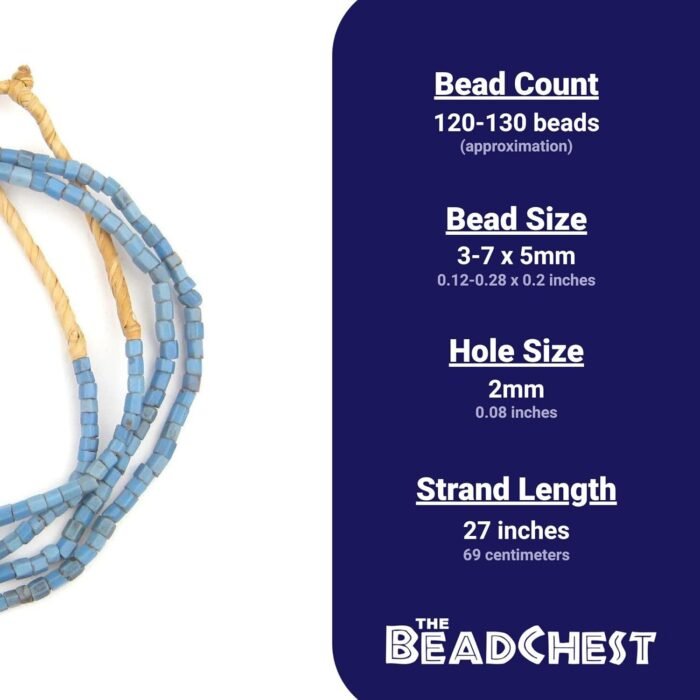 TheBeadChest Old Blue Bamiko Glass Beads 5mm Nigeria African Cylinder Large Hole... - Image 5