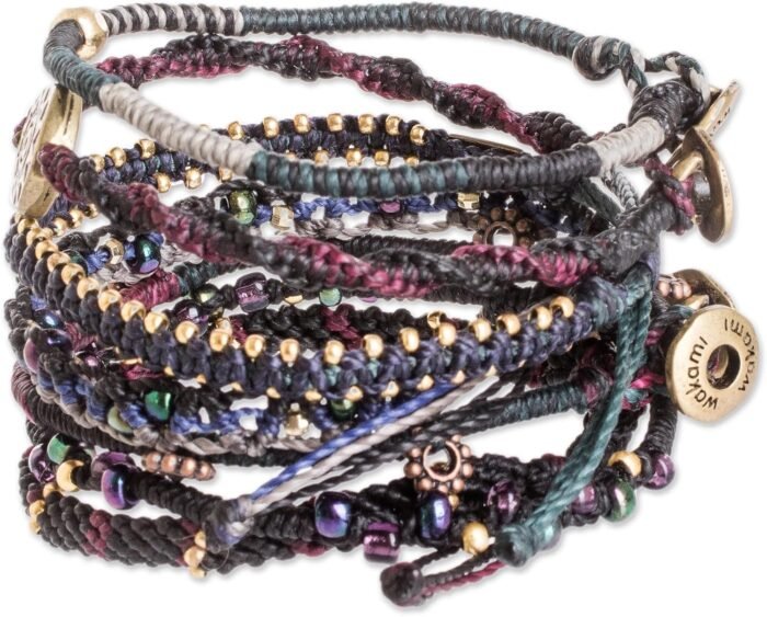 NOVICA Handmade Glass Beaded Macrame Bracelets in Black Set of 7 Wristband Guate... - Image 3