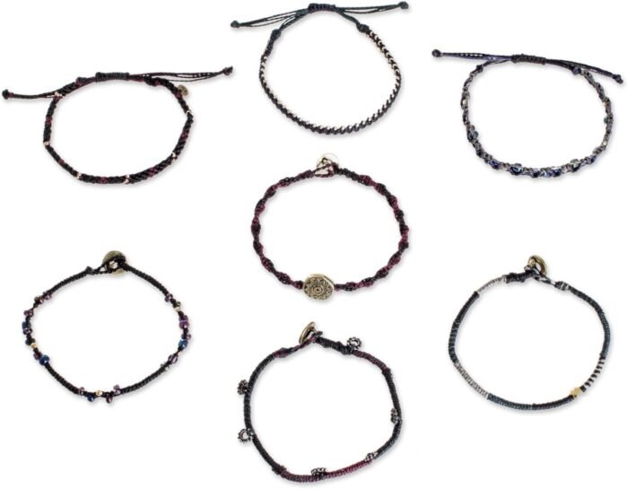 NOVICA Handmade Glass Beaded Macrame Bracelets in Black Set of 7 Wristband Guate... - Image 5