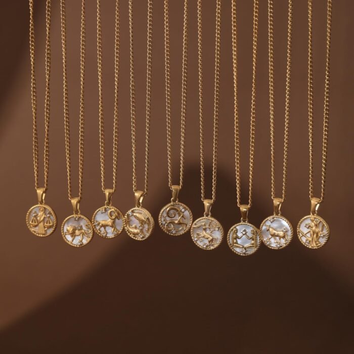 Gold Zodiac Sign Mother of Pearl Shell Coin Charm Necklace for Women Dainty Chai... - Image 7