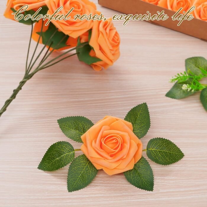 BLEUM CADE 16Pcs Artificial Flowers Fake Roses with Stems, Orange Boxed Foam Ros... - Image 3