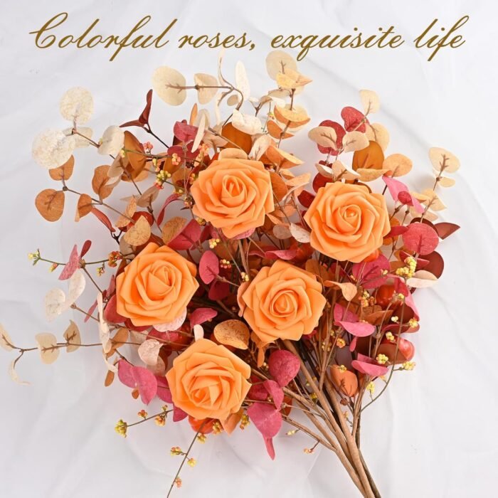 BLEUM CADE 16Pcs Artificial Flowers Fake Roses with Stems, Orange Boxed Foam Ros... - Image 7