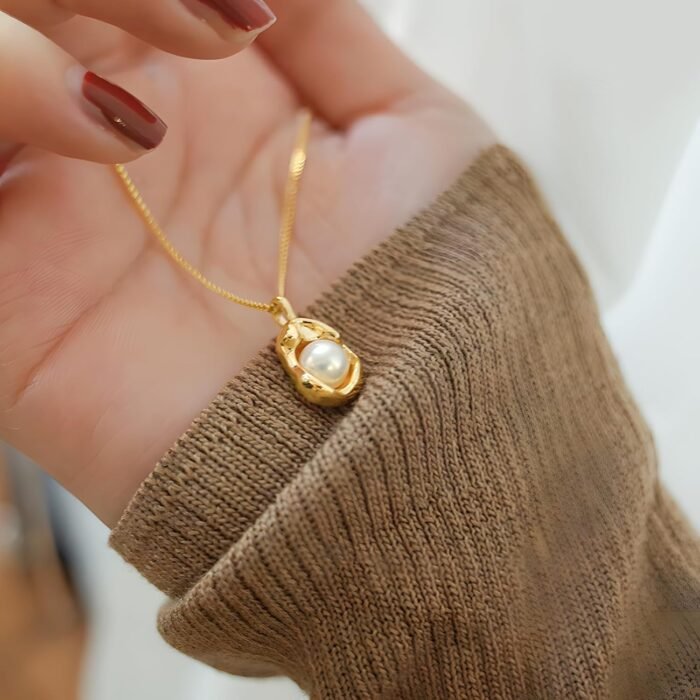 14K Gold Plated Pearl Pendant Necklace, Stainless Steel Gold Nugget Necklace wit... - Image 7