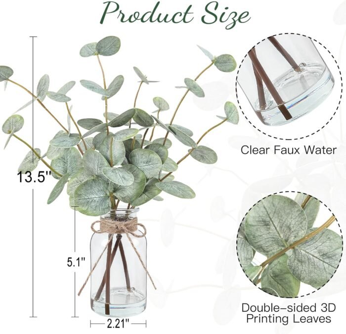 Artificial Eucalyptus Stems in Glass Vase with Faux Water, 13.5” Fake Plants for... - Image 3