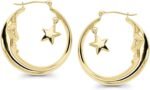 14K Gold Polished Crescent Moon and Star Dangling Hoop Earrings For Women - Image 3