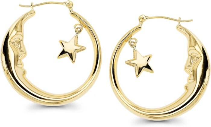 14K Gold Polished Crescent Moon and Star Dangling Hoop Earrings For Women - Image 3