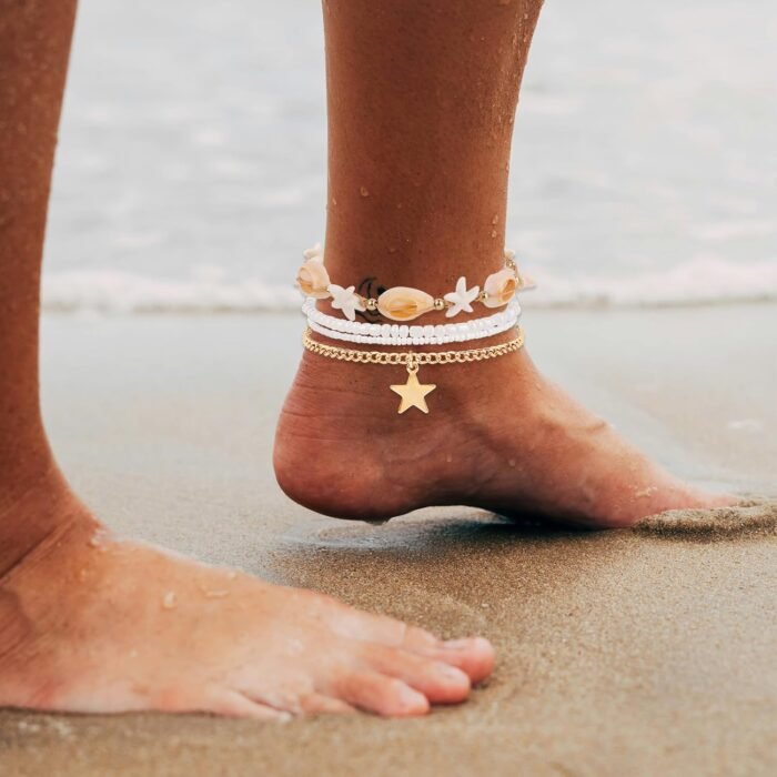 Shell Anklets for Women, Beaded Ankle Bracelets Set Cowrie Seashell Pearl Starfi... - Image 3