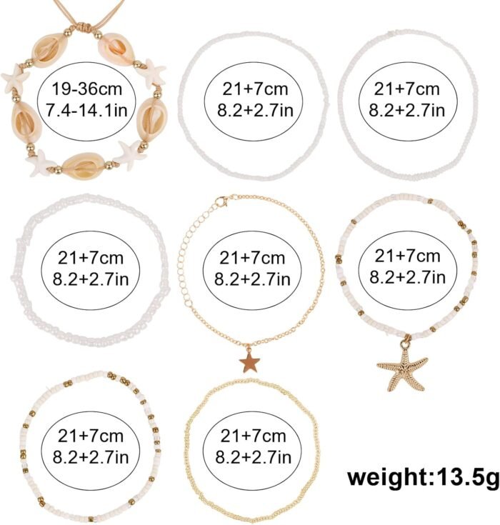 Shell Anklets for Women, Beaded Ankle Bracelets Set Cowrie Seashell Pearl Starfi... - Image 6