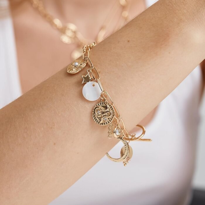 FANZE Vintage Roman Cameo Coins Moon Star Paperclip Lucky Gold Chain Charm Brace... - Image 3