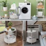 Round Side Table, White End Table with Storage Basket, Metal Night Stand with Re... - Image 6